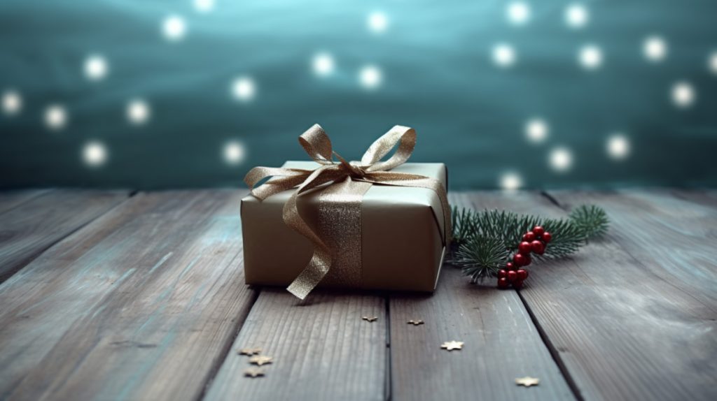 Golden present on a teal background