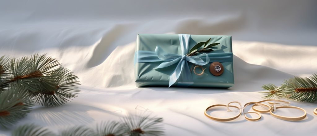 Teal wrapped present on white cloth